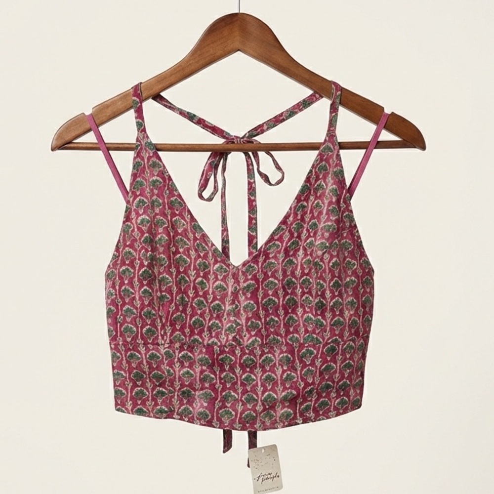 NWT Free People Pink & Green Print Halter Crop Top | Tie-Back | Size S